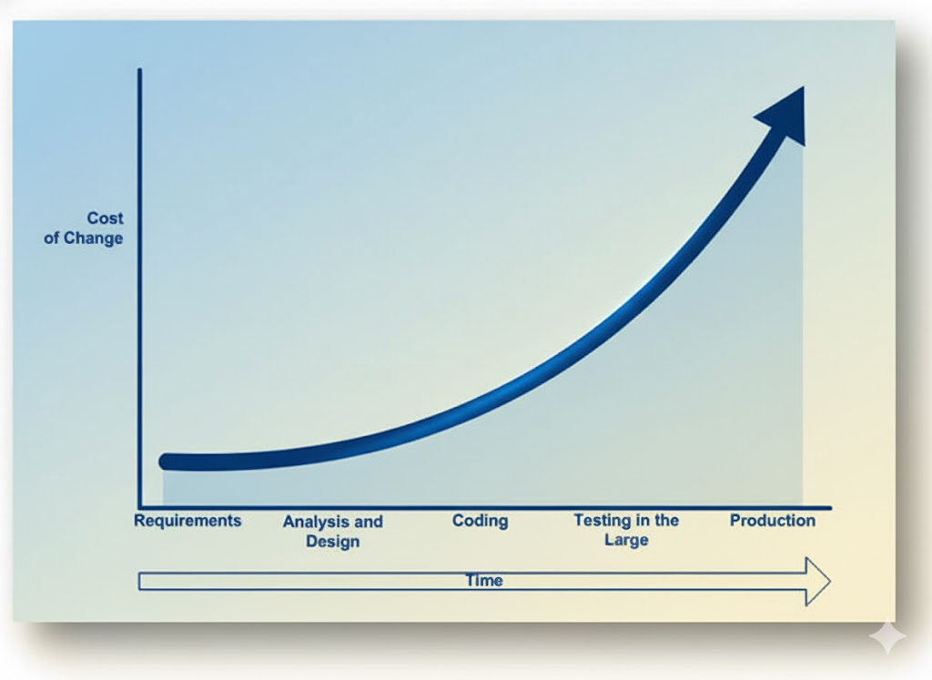 Đường cong Chi phí Thay đổi (Cost of Change) tăng theo thời gian từ Requirements tới Production.