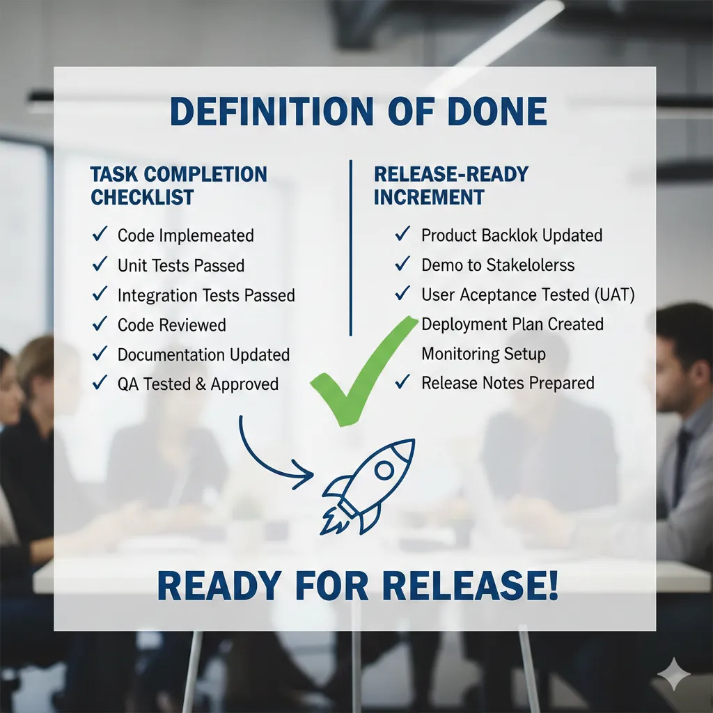 Minh hoạ Definition of Done: checklist hoàn thành công việc và Increment sẵn sàng release.