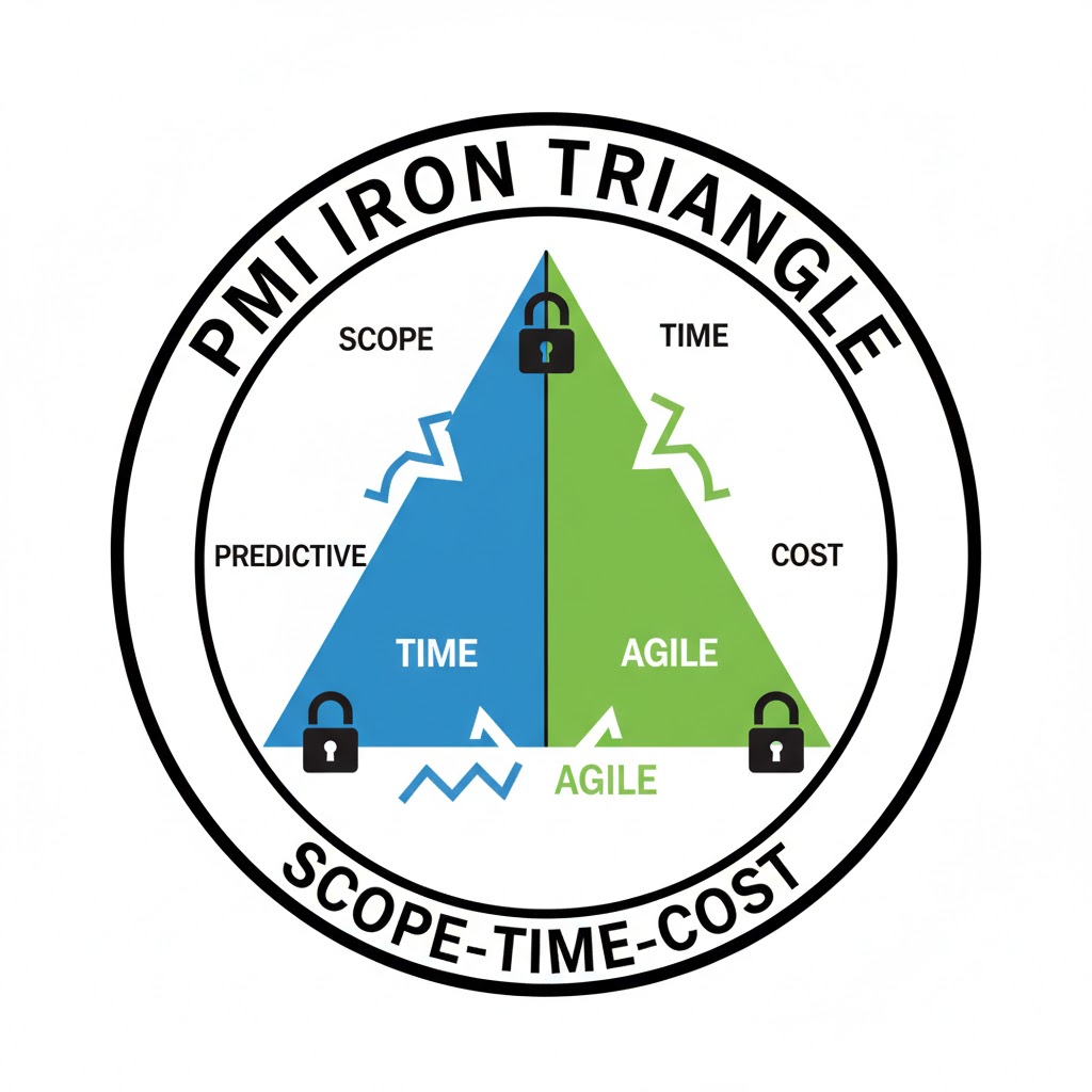 Minh họa Iron Triangle của PMI: tam giác Phạm vi–Tiến độ–Chi phí; Predictive cố định phạm vi, Agile cố định thời gian & chi phí