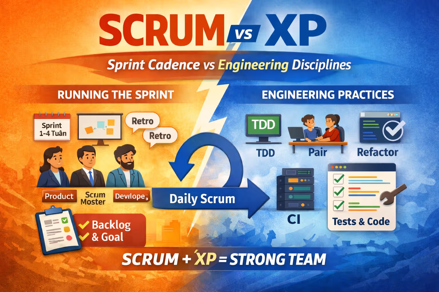 So sánh Scrum vs XP: Scrum quản lý nhịp Sprint; XP tập trung kỹ thuật (TDD, Pair, CI, Refactoring) để giữ chất lượng.
